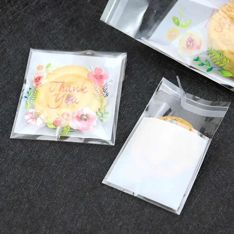 100pcs/lot Plastic Bags Thank you Flower Self-Adhesive Bags for Homemade Cookie Party Gifts Bag DIY Jewelry Packaging Bag