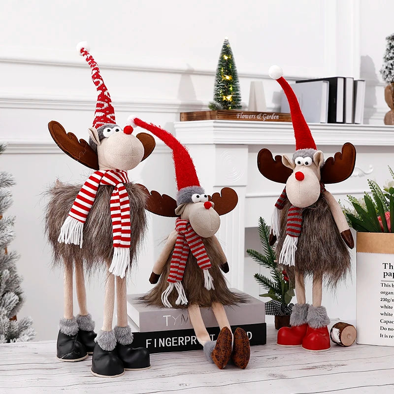 Christmas Elk Decoration Large Standing Handmade Plush Doll with Retractable Spring Legs for Christmas Tree Ornaments New Year