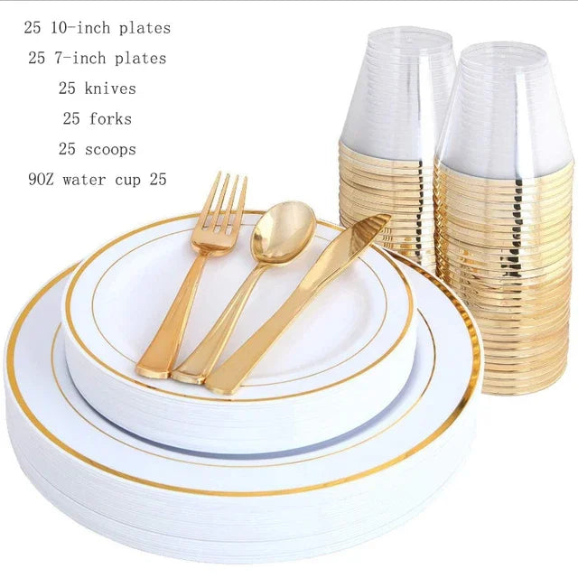 25 People Party The Number Of Suitable Golden Plastic Party Disposable  Tableware For Birthday Party Decor Cake Plastic Plates
