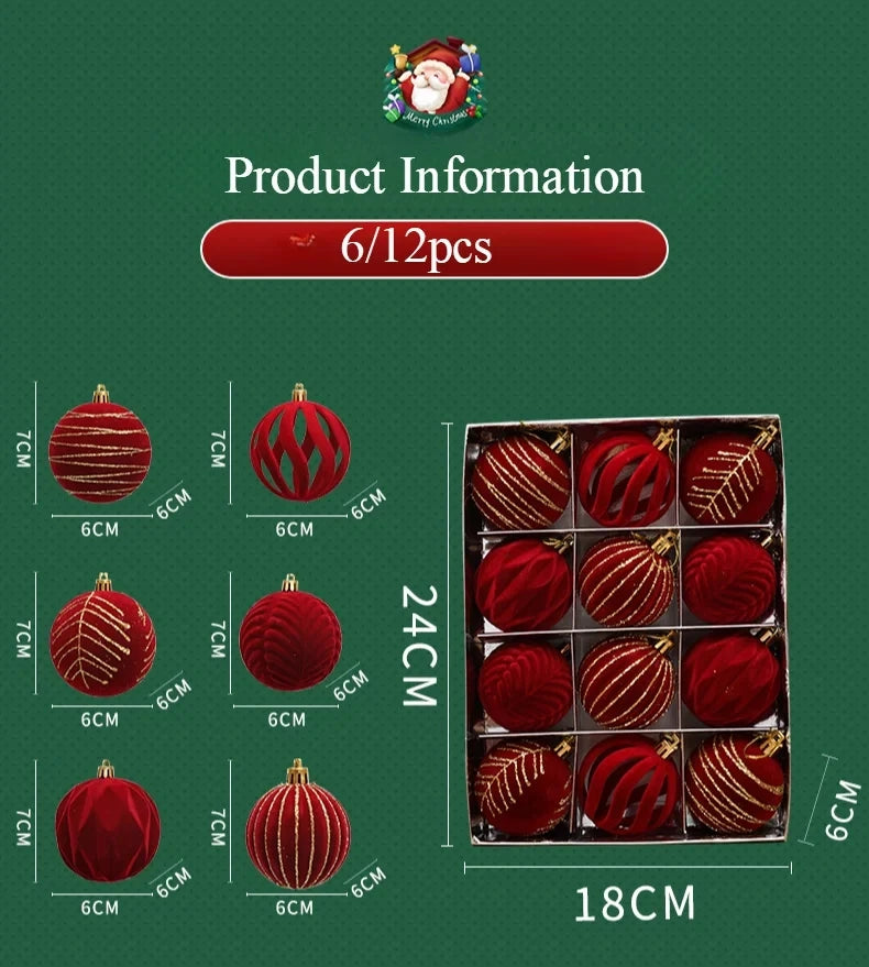 12/16pcs 6cm Wine Red Christmas Ball Ornaments Flocking Christmas Tree Party Decoration New Year Christmas Spheres Pendant Balls