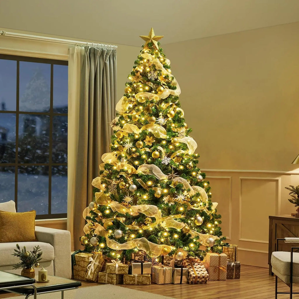 10ft Artificial Christmas Tree , Snow Flocked Full Prelighted Xmas Tree with 2084 Branch Tips, 900 Incandescent Lights