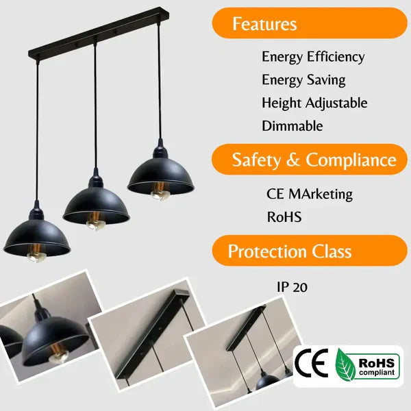 Industrial Adjustable 3 Head Black Pendant Light ~5268